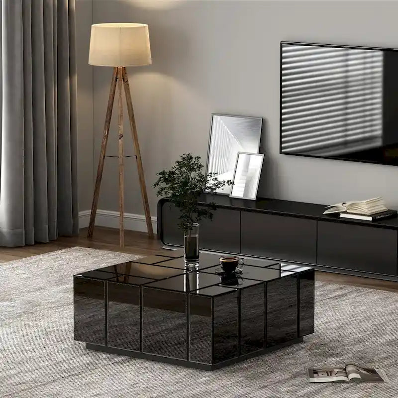 Table basse carrée moderne, table basse miroir centrale noire